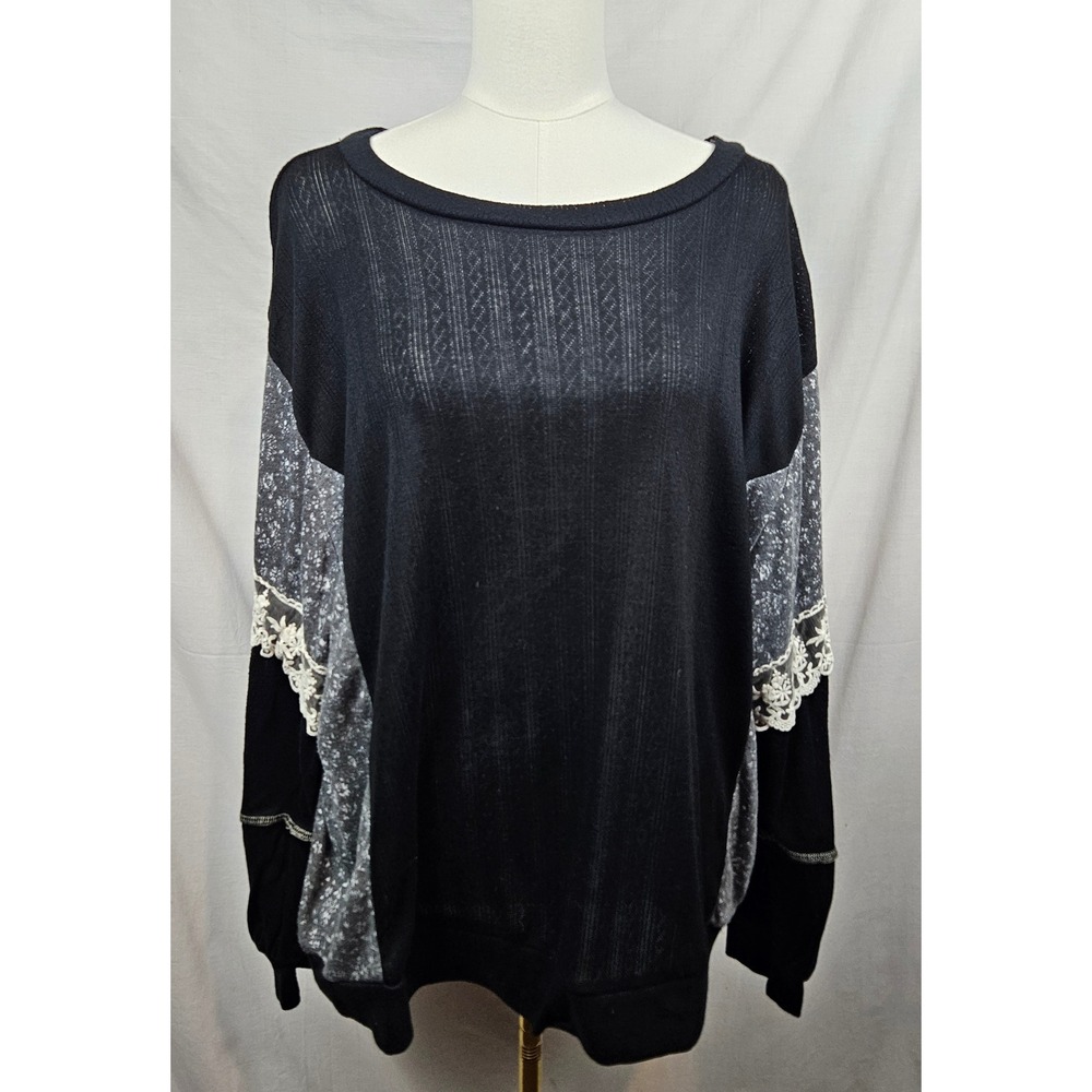 Sugarfox Women Black Lace Floral Sleeve Boat‎ Neck Sweater Top Whimsygoth